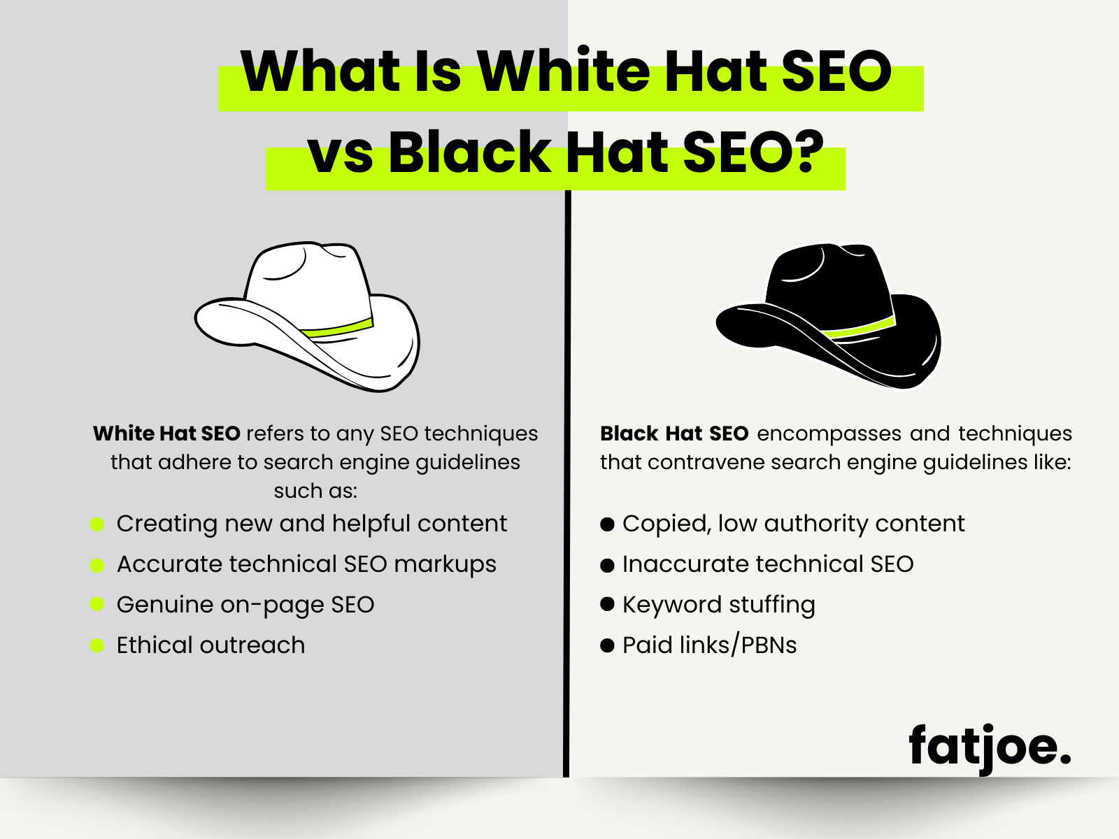 White Hat SEO와 Black Hat SEO를 설명하는 FATJOE 그래픽