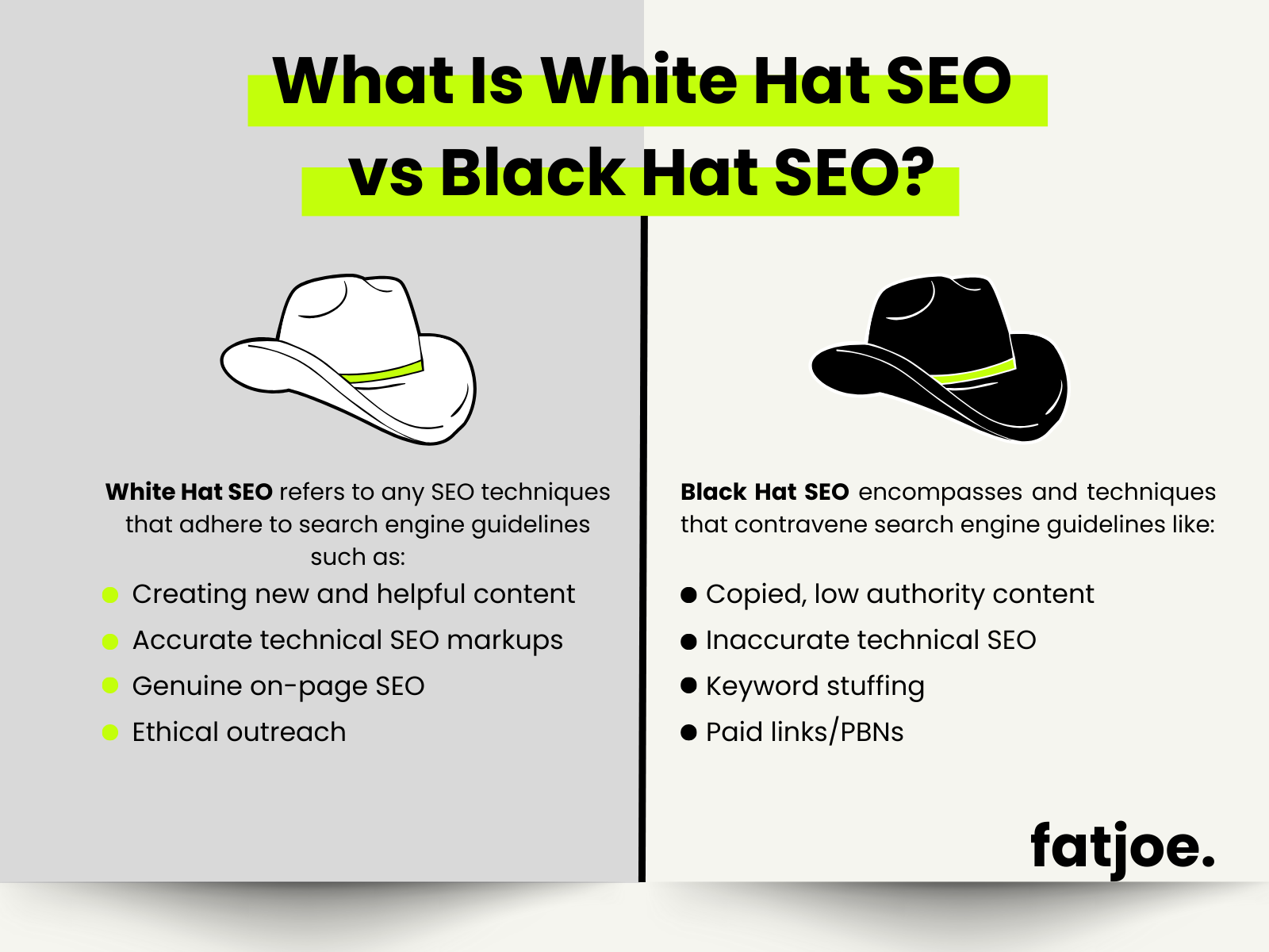 Graphique FATJOE expliquant White Hat SEO vs Black Hat SEO