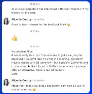Cognism customer service praise via LinkedIn DM