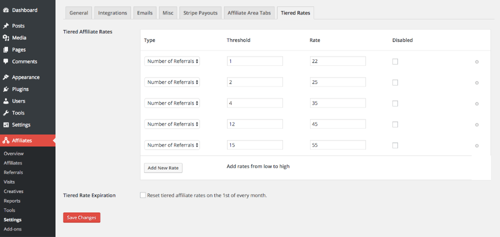 AffiliateWP tiered affiliate rates