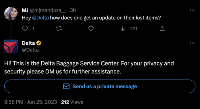 達美航空透過線上監控其提及並提供客戶支援來回應消費者有關行李遺失的詢問。