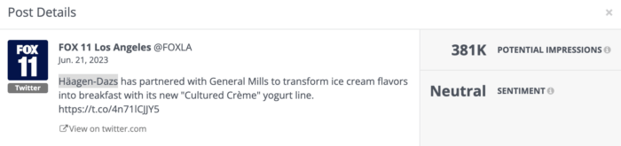 Rival IQ 對 Fox11 這篇文章的情緒分析明確指出了哈根達斯與通用磨坊的合作關係以及該品牌在穀物市場的擴張，情緒為中性。