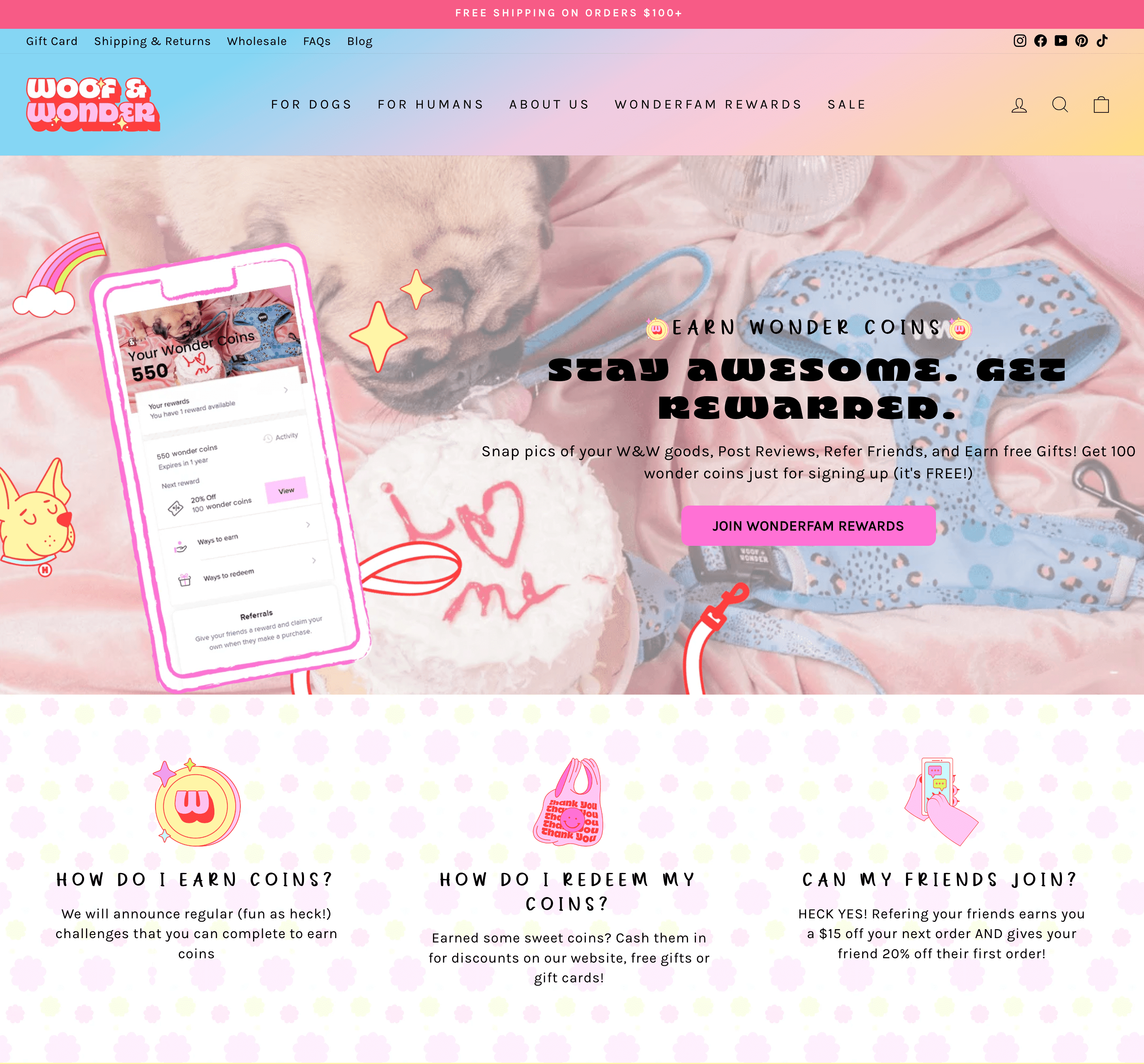 Woof 和 Wonder 的 Wonderfam Rewards 计划解释页面的屏幕截图。它显示了奖励计划面板的屏幕截图,并解释了如何赚取金币、兑换金币以及通过带有品牌图标和颜色的推荐邀请朋友加入该计划。