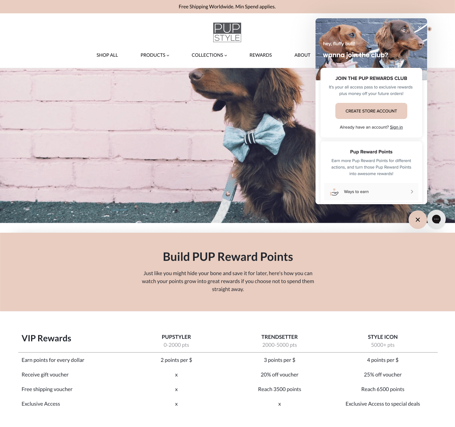 PUP Style 奖励计划解释页面的屏幕截图,显示其 VIP 等级。共有三个级别:Pupstyler、Trendsetter 和 Style Icon,并有一个图表显示每个级别的不同优势。
