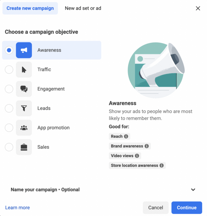 在廣告管理員中建立 Instagram 廣告的下一步是選擇廣告活動目標。
