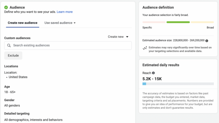 透過廣告管理員建立 Instagram 廣告的另一個步驟是使用提供的參數（例如地點、年齡、性別、行為等）定義受眾。