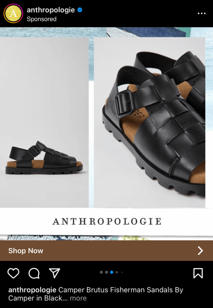 Anthropologie 的 Instagram 輪播廣告中的另一張幻燈片展示了一雙皮革涼鞋。
