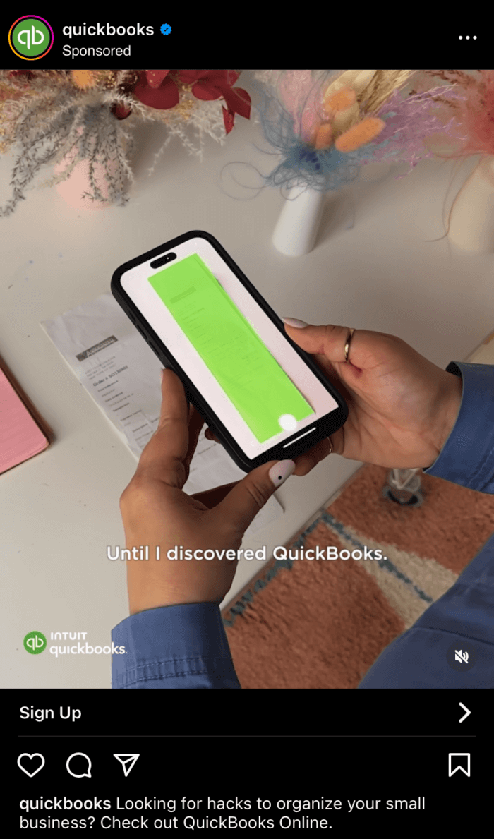 QuickBooks 的影片 Instagram 廣告，引導觀眾了解客戶使用該平台的體驗。