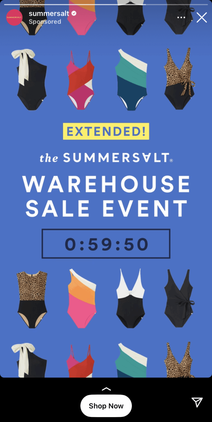 泳裝品牌 Summersalt 的互動 Instagram Stories 廣告顯示了一個倒數計時器，正在倒數其倉庫促銷活動還剩多少時間。