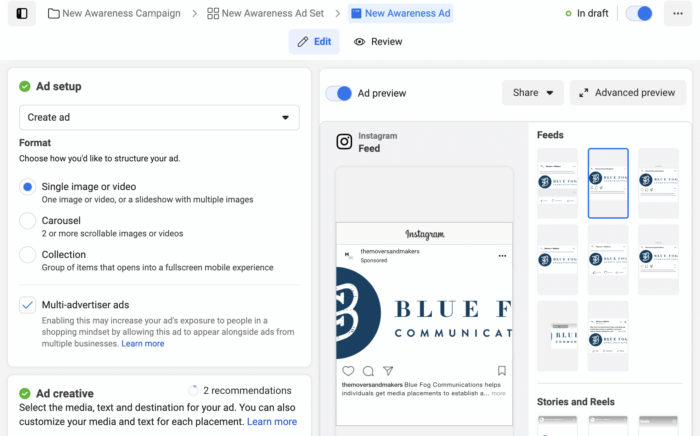 最終的廣告設定細節是選擇 Instagram 廣告格式和展示位置，無論是在 Feed、故事或輪播中。
