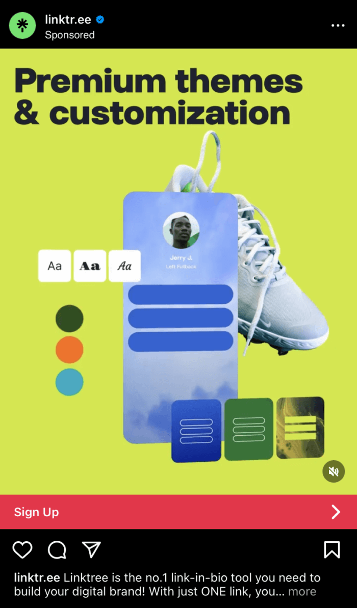 Linktree 的影片 Instagram 廣告採用豐富多彩的動畫元素來展示其高級主題和客製化。