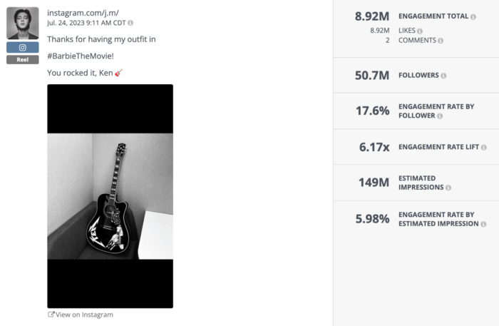 智旻感谢芭比电影中的肯（瑞恩·高斯林饰）收到了吉他作为礼物，并感谢他穿上了受防弹少年团启发的服装。