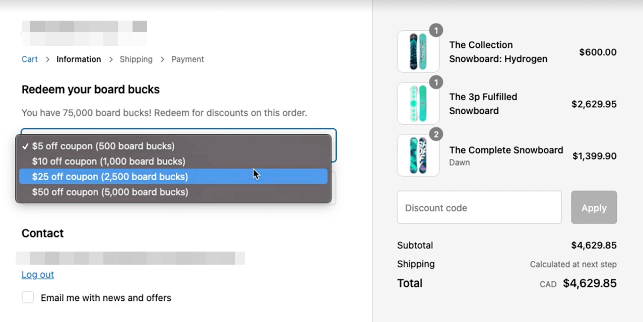 Uma captura de tela da extensão de checkout de resgate de pontos em um exemplo de página de checkout do Shopify Plus. Ele mostra uma lista suspensa de recompensas qualificadas e quantos pontos são necessários para cada uma.