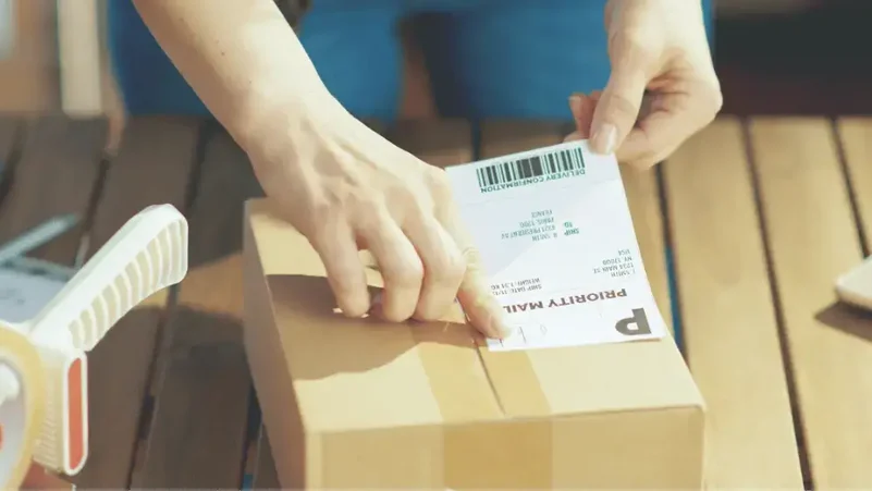 Anbringen eines Etiketts auf der Schachtel