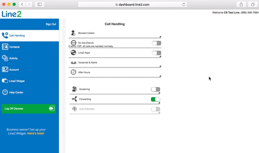 Screenshot des Line2-Dashboards
