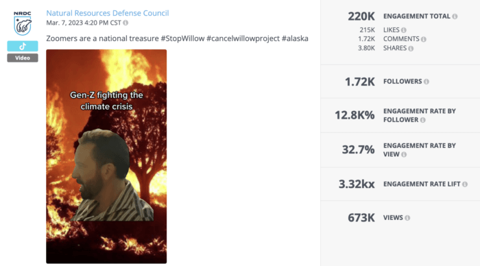 Das NRDC hat für dieses Video ein Trend-Meme verwendet, was es zu einem der ansprechendsten Videos aller von uns analysierten gemeinnützigen Organisationen auf TikTok machte.