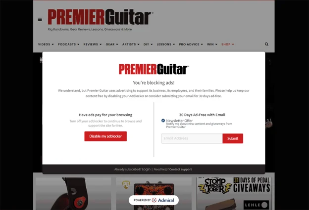 Offre anti-adblock pour guitare Premier sans publicité