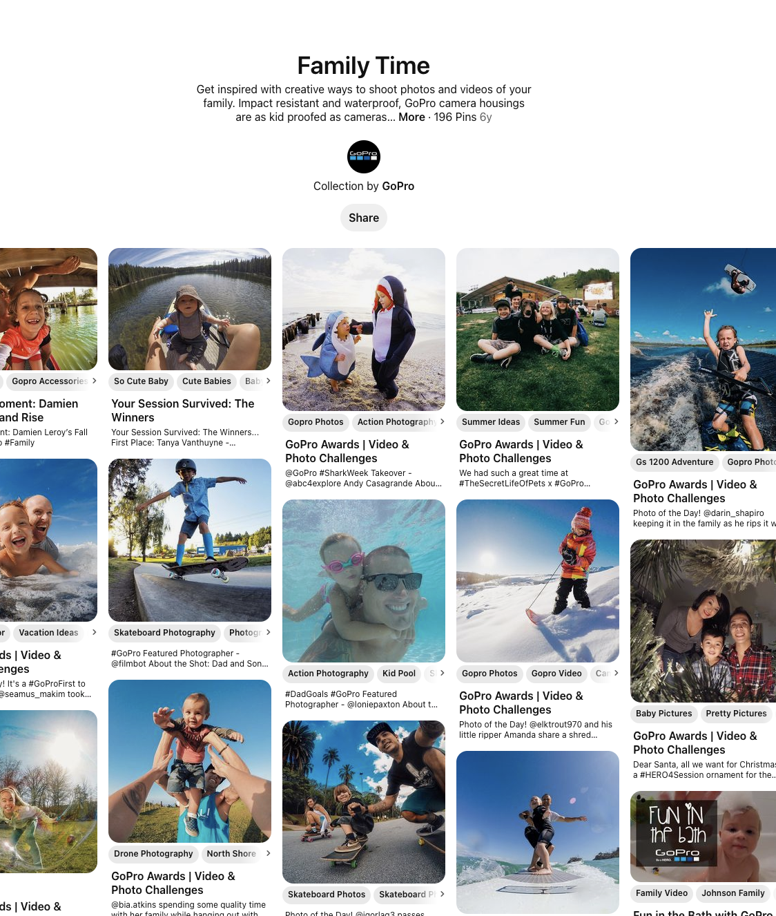 Auf der Family Time-Seite im Pinterest-Unternehmenskonto von GoPro finden Sie Dutzende von Benutzern eingereichte Fotos von Familien bei Abenteuern in verschiedenen Outdoor-Umgebungen.