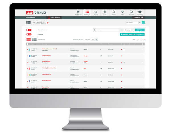 Screenshot of the Lead Forensics sales automation visitor list in action.