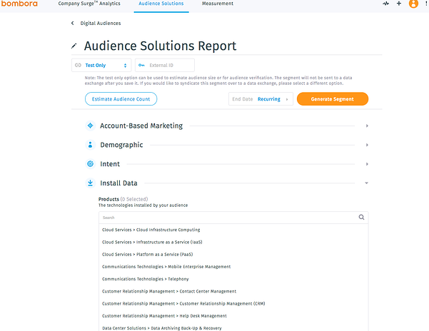 Screenshot of the Bombora audience solutions report.