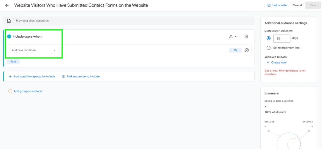 Uno screenshot di una dashboard di Google Analytics 4 che evidenzia la casella "Includi utenti quando"