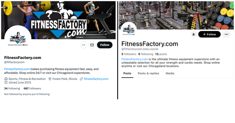 Fitness Factory という名前のビジネスの Twitter プロフィールと Blue sky プロフィールを並べて表示