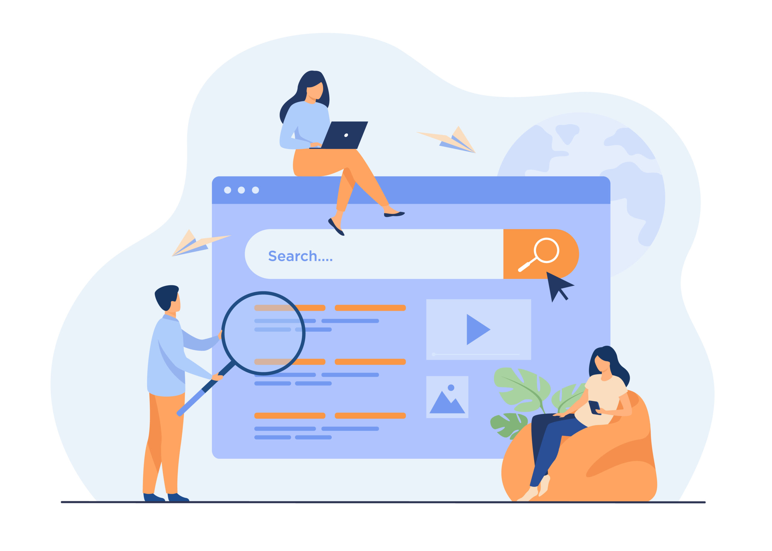 クエリに検索ボックスを使用し、結果を与えるエンジンを使用する人々。 SEO 作業、SERP、オンライン プロモーション、コンテンツ マーケティングの概念のベクトル図