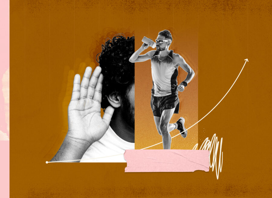 Un hombre tapándose la oreja para oír mejor y un corredor de larga distancia.