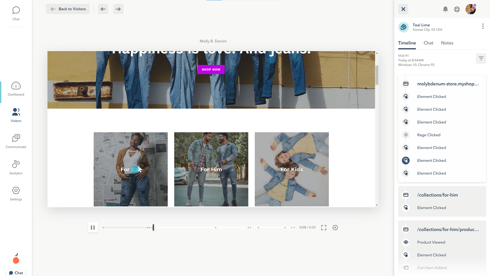 Lucky Orange Shopify 應用程式的會話記錄螢幕截圖
