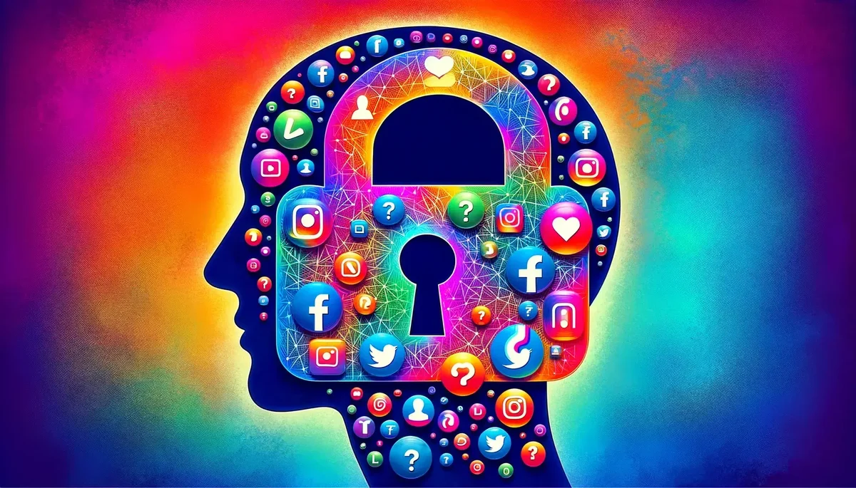 DALL-E3-bersemangat-kolase-digital-mewakili-kekhawatiran-privasi-media-sosial-gembok-dilapisi