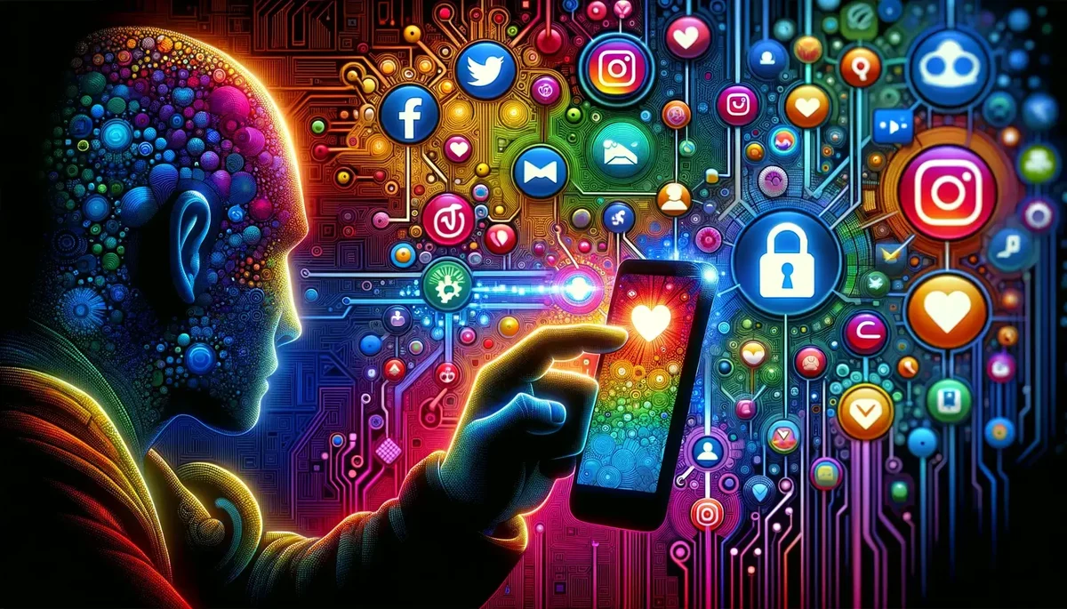 DALL-E-3-gambar-warna-warni-yang menggambarkan-seseorang-bergulir-di-ponsel-yang diisi-dengan-aplikasi-media-sosial