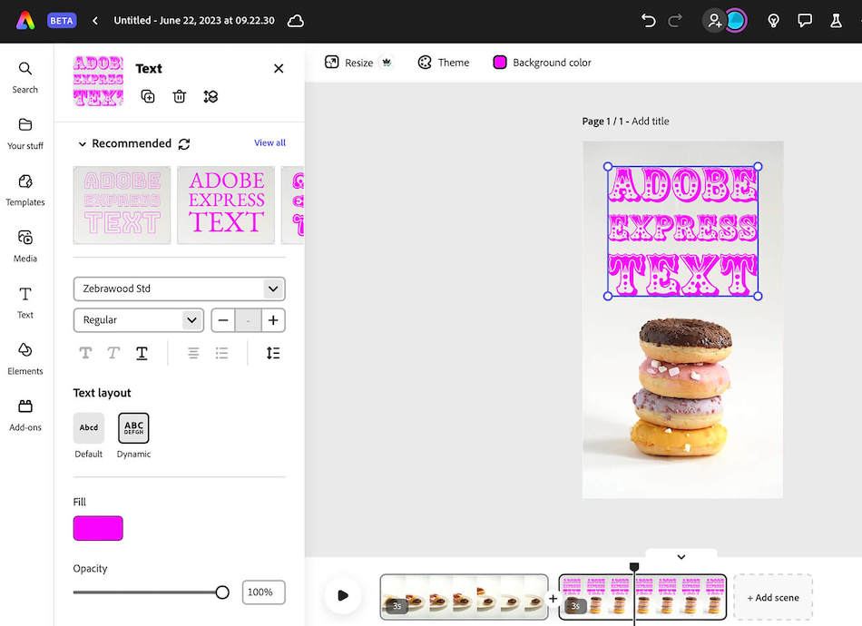 Interfejs aplikacji do edycji wideo Adobe Express pokazuje, jak dodać stylizowany tekst do filmu przedstawiającego cztery ułożone w stos pączki.