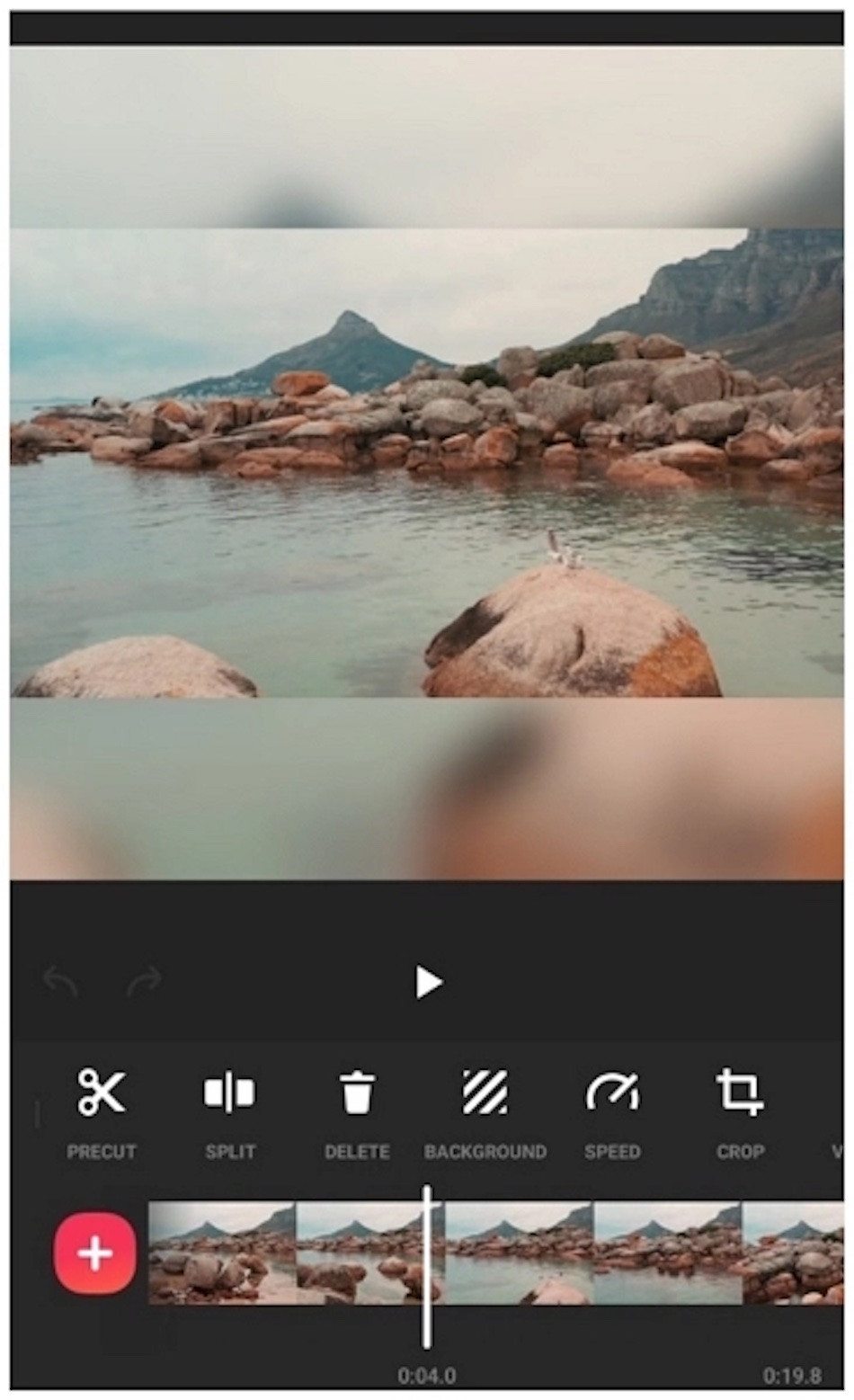 InShot 비디오 편집 앱 인터페이스는 해변 장면과 편집 컨트롤을 보여줍니다.