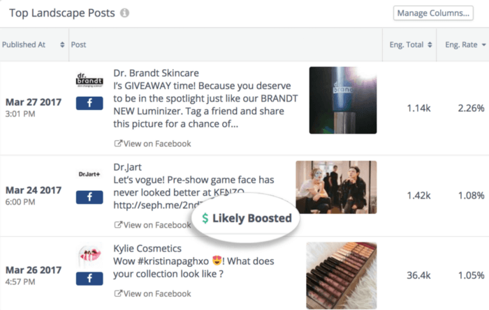 O painel Top Landscape Posts no Rival IQ torna muito simples analisar suas análises do Facebook em nível de postagem.