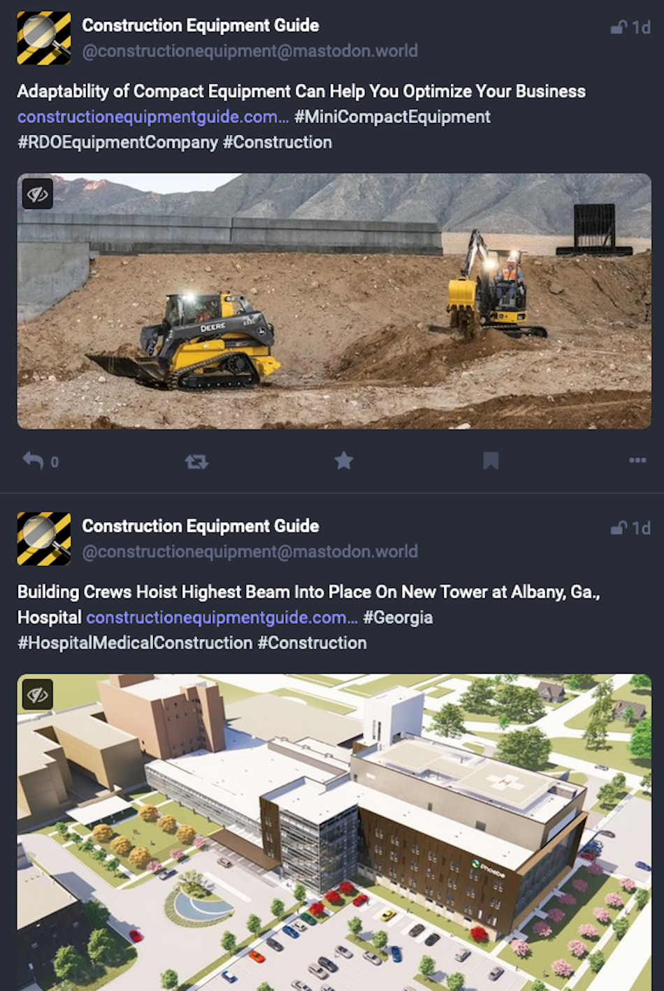소셜 미디어 플랫폼 Mastodon의 두 게시물에는 업계 뉴스 매체인 Construction Equipment Guide가 사이트의 뉴스 기사를 홍보하는 내용이 나와 있습니다.