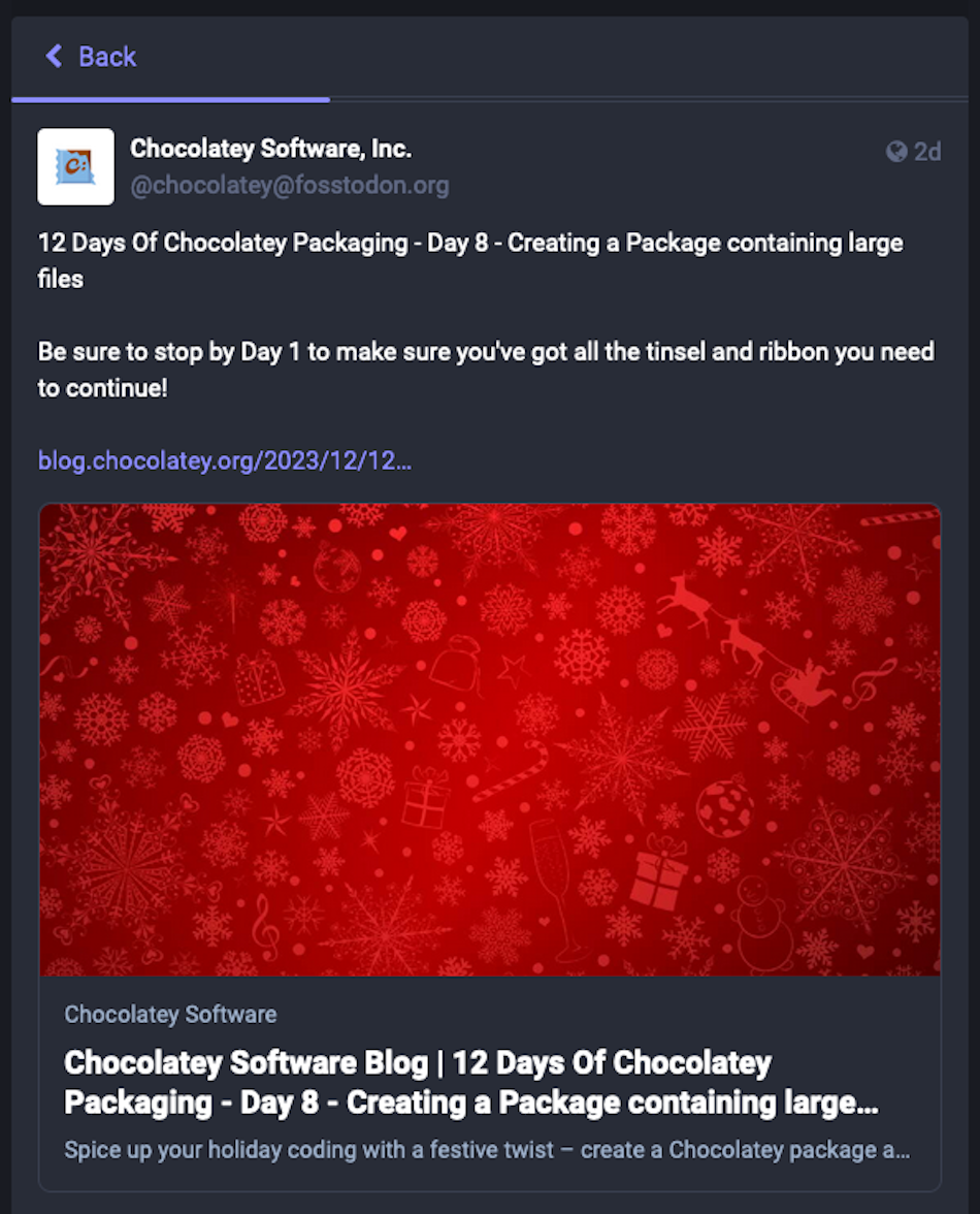 În postarea lor pe platforma de socializare în plină dezvoltare Mastodon, Chocolately Software folosește o imagine abstractă de iarnă pentru a-și promova postarea de blog despre crearea unui pachet care conține fișiere mari.