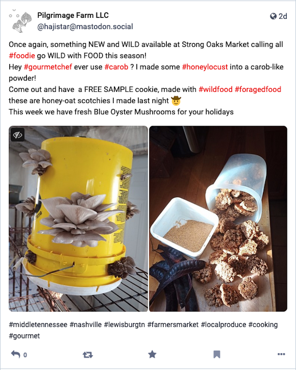 Pilgrimage Farm utiliza una publicación de dos fotografías en Mastodon para promocionar su venta de galletas y hongos silvestres orgánicos.