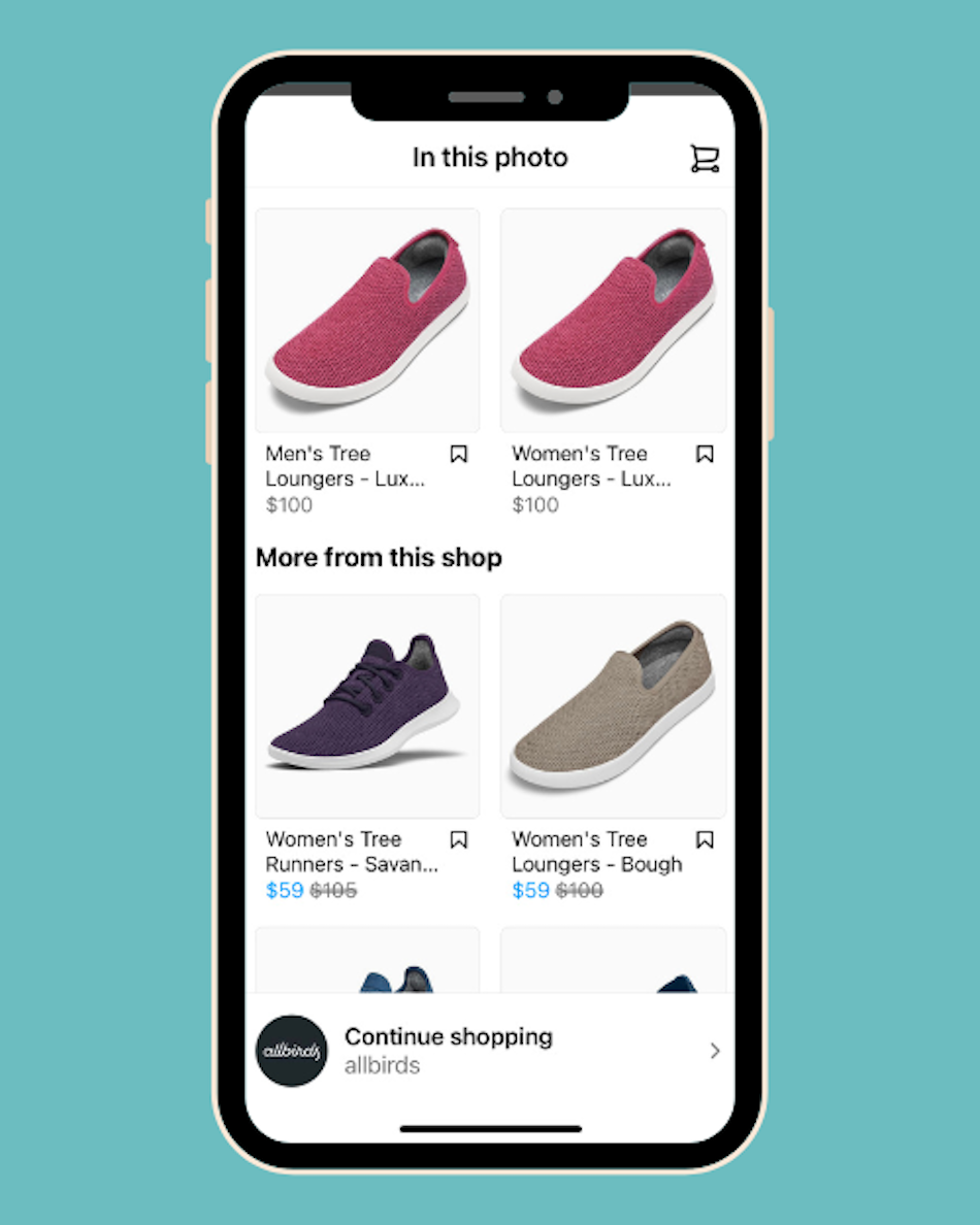 Il rivenditore di scarpe Allbirds presenta foto di stili di scarpe nella sua pagina del negozio Instagram.