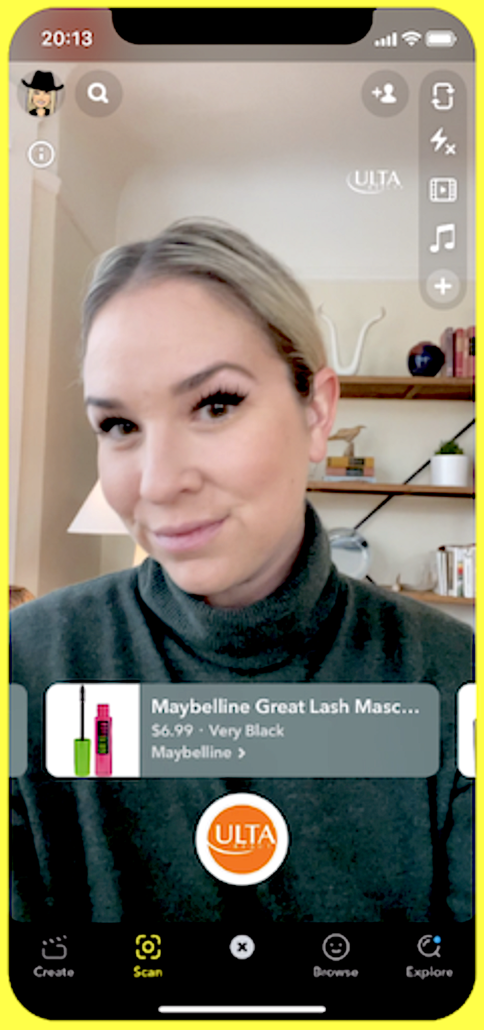 Snapchat では、ロレアルが拡張現実機能で仮想的にマスカラを試しているユーザーを表示しています。