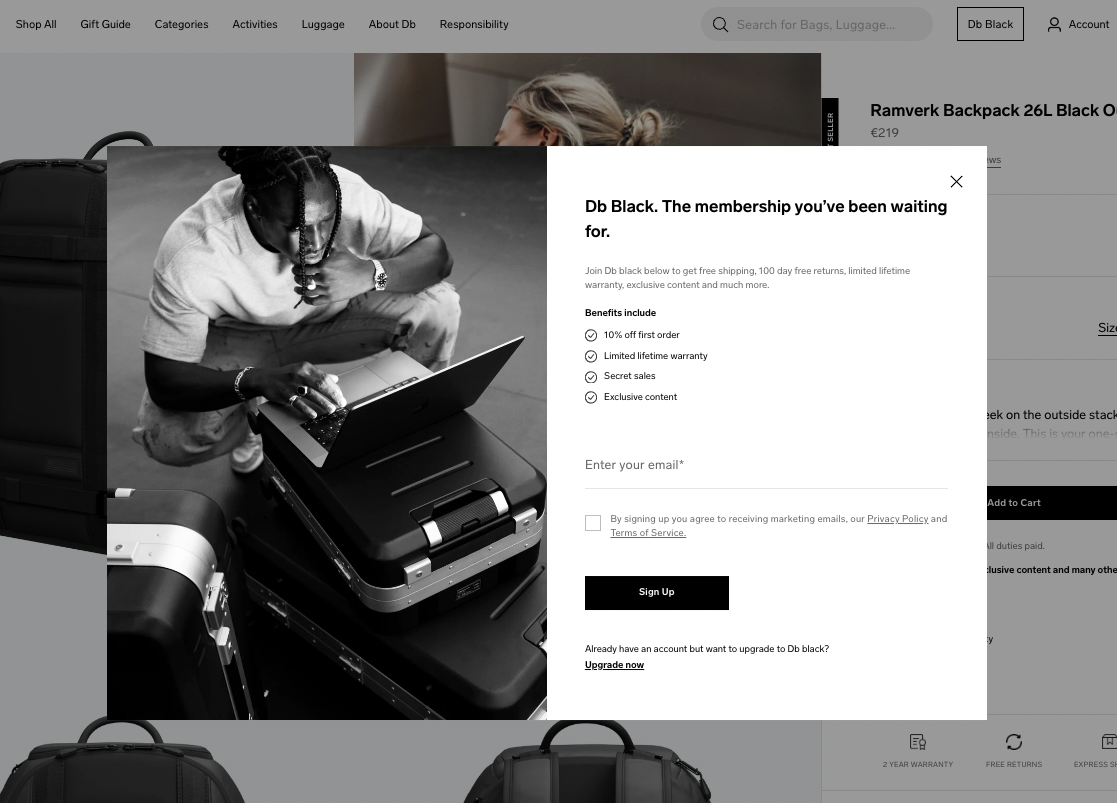 電子商務商店 Db 及其忠誠度計劃的螢幕截圖