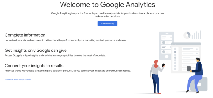 Página de boas-vindas do Google Analytics