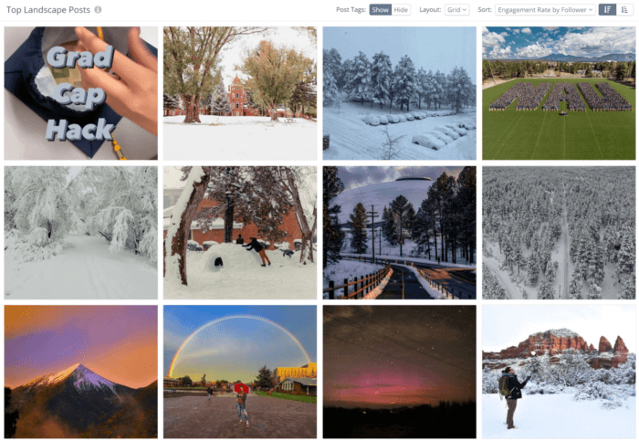 Vista de cuadrícula de Rival IQ de las publicaciones más importantes de NAU con impresionantes fotografías del campus