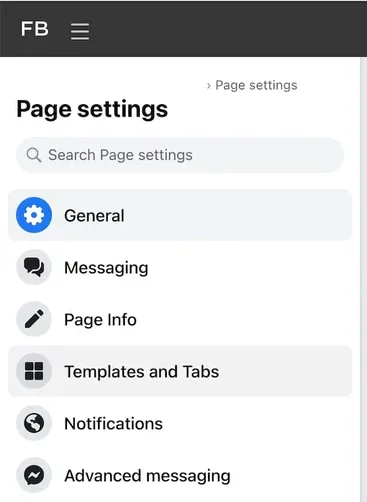 página de configurações do facebook