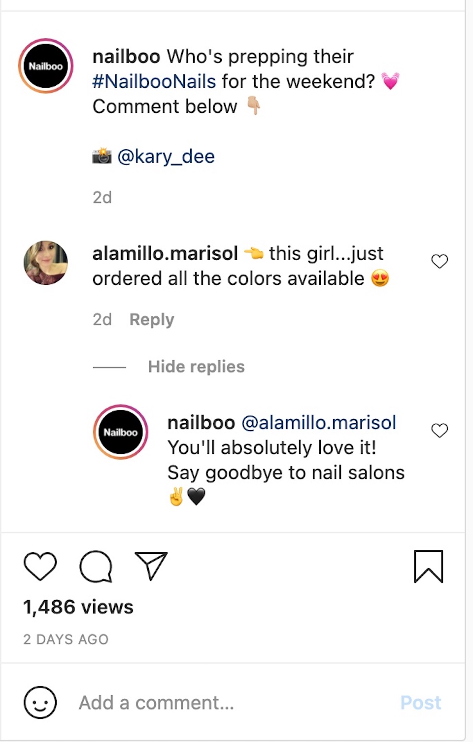 ネイル製品会社 Nailboo は、Instagram アカウントの投稿でコメント投稿者とやり取りしている様子が描かれています。