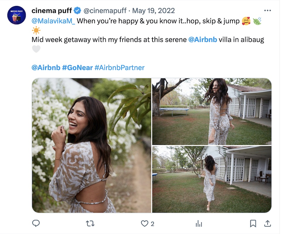 Drei Fotos zeigen eine Benutzerin auf X, die im Rahmen des Air bee en beez-Hashtags mit dem Titel „go near“ einen Kurzurlaub in der Nähe feiert.