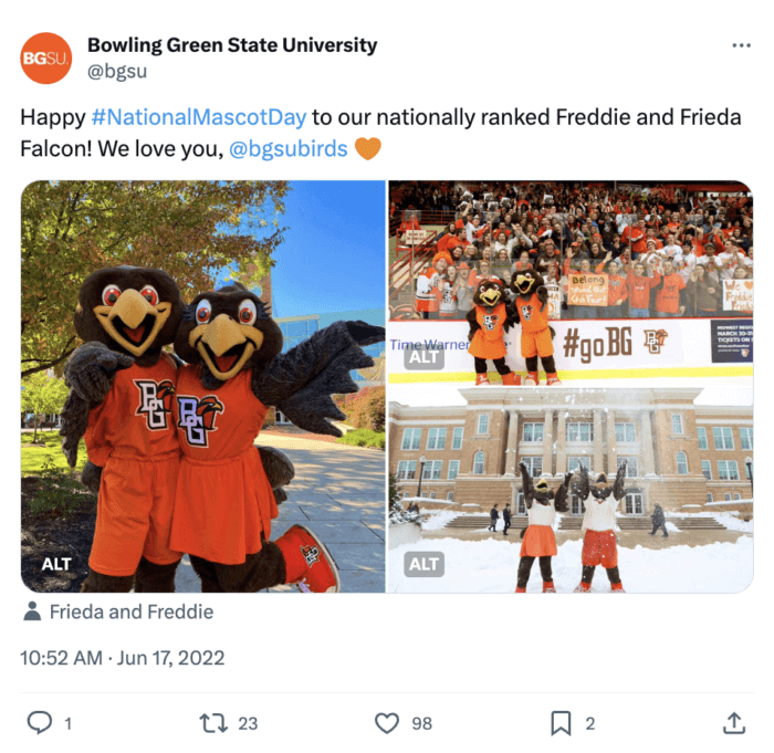 Tweet z Bowling Green State University zawierający hashtag National Mascot Day wraz z kilkoma zdjęciami pary ptasich maskotek.