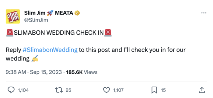 Фирменные хэштеги в Твиттере — хороший способ создавать привлекательные кампании, подобные этой от Slim Jim, в которой написано «Slimabon Wedding Check In» и есть хэштег «Slimabon Wedding».