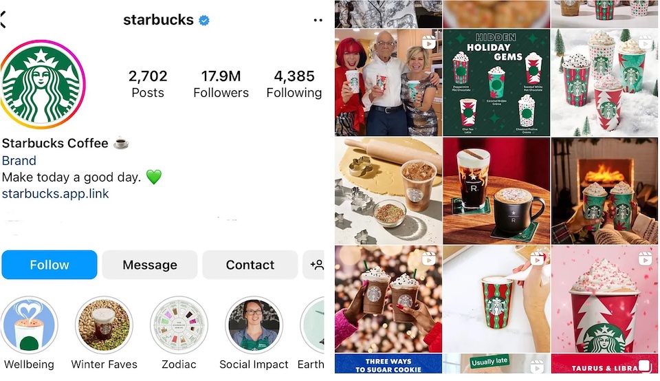 Na koncie firmy na Instagramie znajduje się wiele zdjęć świątecznych kubków Starbucks zdobionych w kolorze czerwonym i zielonym.
