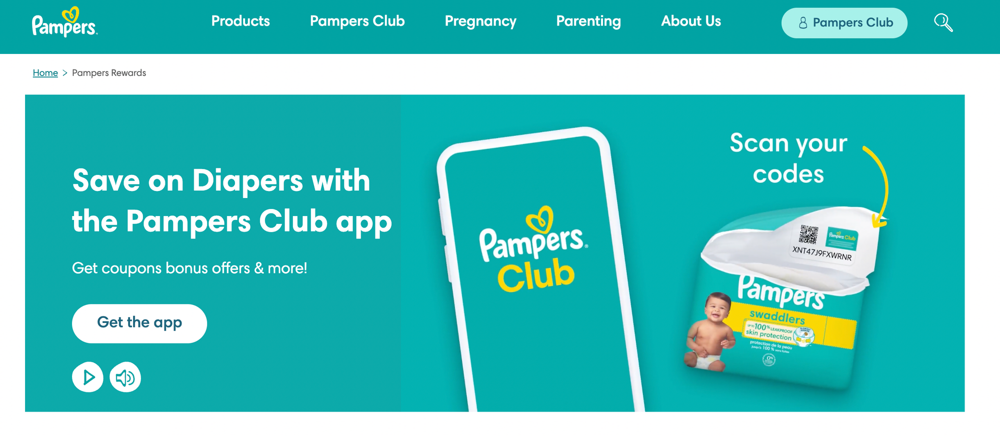 앱이 포함된 Pampers Club Wesbite의 스크린샷