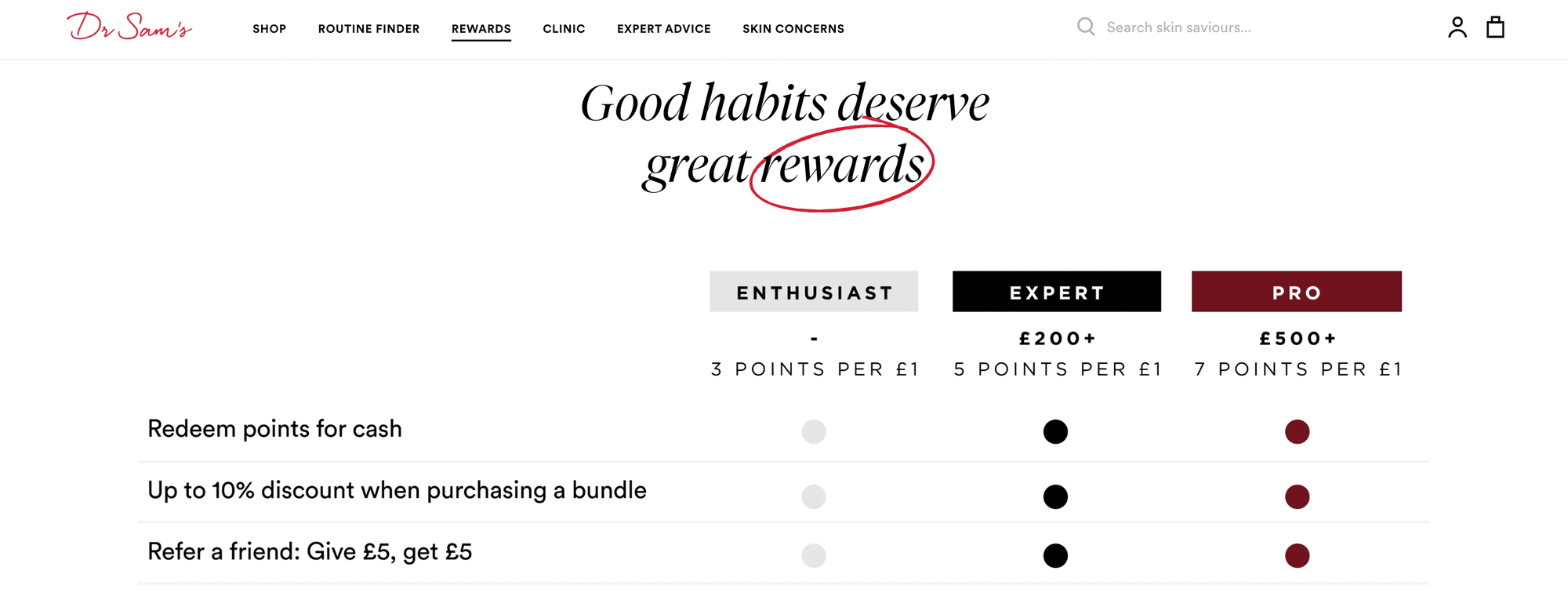 Dr Sams 로열티 프로그램 방문 페이지 스크린샷